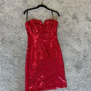 1990s Red Sequin Strapless Dress